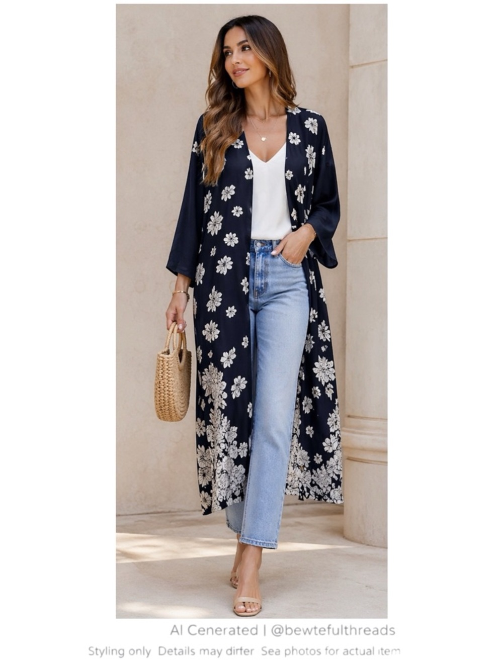 Indigo Navy Cream Floral Duster Kimono Midi Layering Jacket M